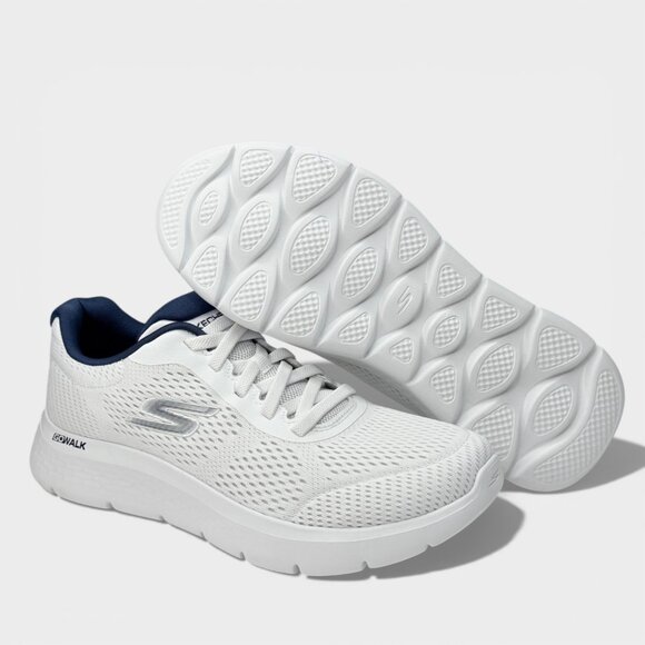 Skechers GO WALK Flex Remark Mens 8.5 White Navy Walking Shoes 216486 NEW